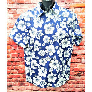 Royaura Hawaiian Shirt Men's Medium Navy Floral Print Short Sleeve Button Down
